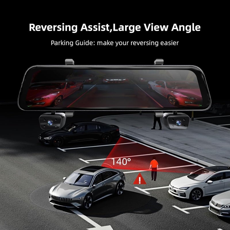 Gloryes 12" Rear View Mirror Camera,4 Channel Mirror Dash Cam Front and Rear Inside,Backup Camera for Cars,5.8GHz WiFi 360 Smart Rearview Camera,APP,GPS,Night Vision Backup Camera, Free 128GB SD Card - Image 2